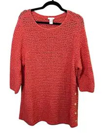 J. Jill Women's XL Pink Open Knit Side Button Pullover Sweater 3/4 Sleeve Cotton