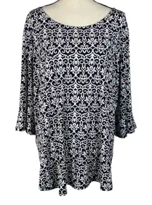 Dressbarn 3X-Large Top Geometric Stretch 3/4 Bell Sleeve Boat Neck Zip Navy Blue