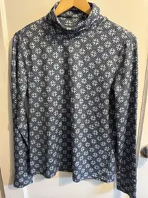 Free Country Womens Long Sleeve Mock Neck Top Blue Floral Pattern Large