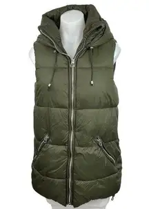 ZARA Olive Green Full Zip Sleeveless Quilted Hooded Puffer Vest Coat Jacket Sz S