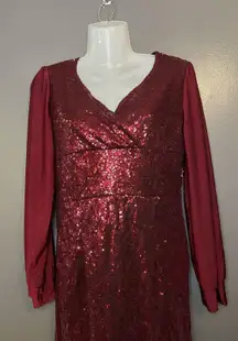 Sequin Evening Dress Womens Small Red Long Sleeve V Neck Party Gown Formal