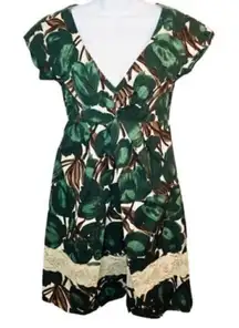 Zara Floral Pleat Front Fit and Flare Lace Bottom Dress Green S