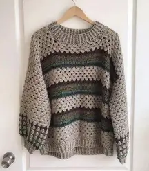 Vintage Handmade Chunky Knit Crochet Sweater Balloon Sleeves Striped Size XL