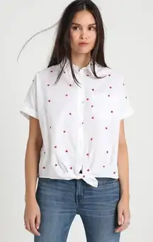 White Button-Up Shirt Red Strawberries Tie Front Medium‎ Oversized EUC Madewell
