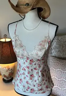Guess Vtg Y2K cream western floral country lace trim satin cami tank top S M