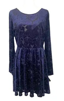 NWT Size 17 Navy Blue Velvet Damask Jacquard Long Sleeve Skater Dress New