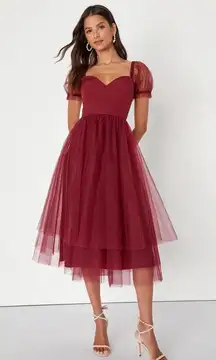 Lulu’s Brightly Beloved Wine Red Tulle Tiered Puff
Sleeve Midi Dress Size Medium
