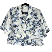 Panama Jack White Blue Floral Linen Blend Blouse Womens S Tropical Boxy Fit Top