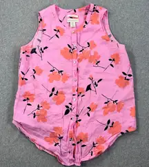 Cynthia Rowley Sleeveless Floral Linen Button Down Shirt Women's Medium Pink