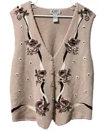 Vintage 90s Koret mauve pink floral embroidered‎ knit sweater vest cardigan L