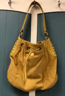 Donald J. Pliner studded leather mustard yellow shoulder bag purse 14” x‎ 14”
