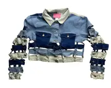 Azalea Wang Patchwork Cropped Denim Jacket Cutout Blue White Size L Statement