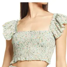 Lulus  Flourishing Dreams Mint Green Floral Print Smocked Crop Top NWT | XL