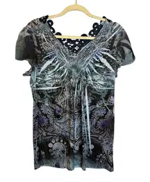 One World Blouse Women's Size‎ Medium Ruffle Tribal Blue Purple