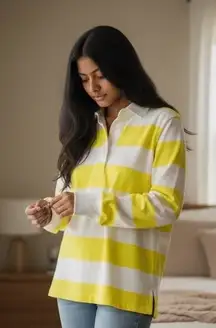 J Crew Sun Washed Jersey Striped Rugby Shirt Long Sleeve Yellow White Womens L #