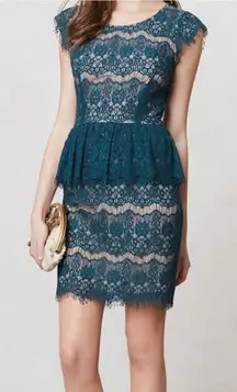 Anthropologie Maeve Elsa Green Lace Overlay Peplum Dress Size Small