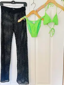 Neon Green Two Piece Bikini + Black Mesh Net Wide Leg Coverup Pants Swimwear SET