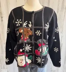 Vintage Santa Snowman Reindeer Cardigan Sweater large embroidery knit whimsical