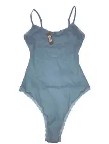 Retired NWT  Size Large Pointelle thong bodysuit top sky blue LOGO