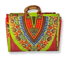 Woven Multicolored Dashiki And Jute Wooden Top Handle Bag