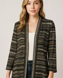 Misook Cardigan Duster Size Large Black Stripes Open Front Shimmer Work Dressy