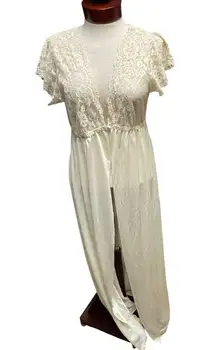 Vintage Sheer Nylon Lace Robe Peignoir Lingerie Dressing Gown Boudoir Large