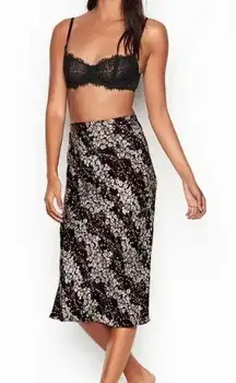 Victoria's Secret Midi Satin Slip Skirt, Black/White Floral, Viscose NWT