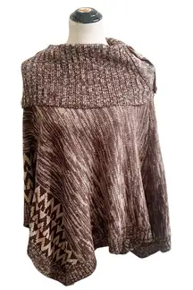 Boutique Knitted Pancho Tan Brown Aztec Design Size L/XL Cowl Neck Buttons