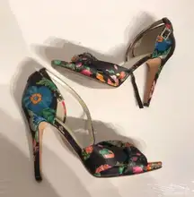 Floral Print Satin Straps Crisscross Leather Green Pumps Stilettos D’orsay Sandals