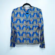 Vintage Adrianna Papell Blue Silk Botanical Leaf Printed Jacket Size 6