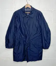 Lands' End Women's Navy Blue Long Zipper Button Gingham Lined Trench Coat Small