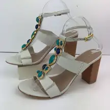 Trina Turk SilveTrina Turk Silver Lake White Leather Jeweled Stack Heels Sandals