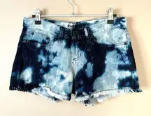 BEBE | Bleach Splattered Tie Dye Fringe Denim Jean Shorts Sz 26