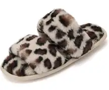 Open Toe Fluffy Slippers-Two Band Slides Soft Luxury Plush Shoes Leopard 5-6