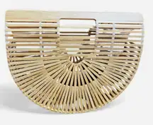 Bamboo Half Moon Arc Handbag Wooden Summer Retro Woven Summer Beach Purse EUC