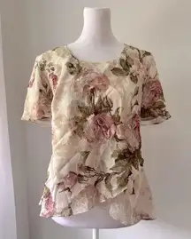 Vintage Y2K R&M Richards Petite Cream Floral Print Short Sleeve Blouse