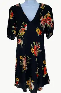 Free People Women's Neon Garden Floral V-Neck Boho Mini Dress | Sz 4 | Black