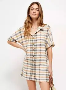 Free People Felicity Plaid Button Front Roll Tab Sleeve Romper Size Small
