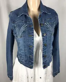 Djeans Size 7/8 Fitted Bedazzled Jean Jacket With Pockets,Buttons. Preloved