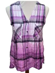 Rock & Republic Purple Checkered Split Back Sleeveless Button Front 100% Rayon B