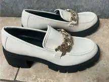 Madden girl Woman Size 6.5 Elegant Cream chunky Loafers with Gold Chain Details