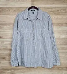 Popover Blue & White Stripe Shirt Linen Blend Long Sleeve Half Button 2X