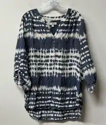 Kim Rogers Womens Navy Tie Dye Roll Tab Sleeves V-Neck Blouse Top Size 1X Plus