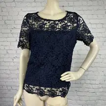Gorgeous Nanette Lepore Midnight Navy Blue Lace Top Blouse M Exposed Zipper