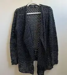 Jeanne Pierre black metallic open knit drape cardigan sweater Large