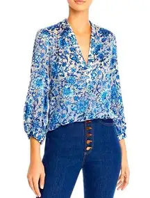 NEW SILK Alice + Olivia Sheila velvet blue floral Blouson-Sleeve boho top sz S