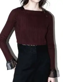 3.1 Phillip Lim Women's Burgundy Black Silk Lace Trim Ribbed Long Sleeve Top L