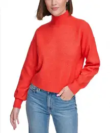 Calvin Klein Boxy Cropped Vibrant Red-Orange Mockneck Wool Blend Sweater Size M