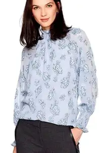 ✨Rebecca Taylor Smocked Neck Silk Rose Print Sz. 10 Blouse Light Blue Metallic✨