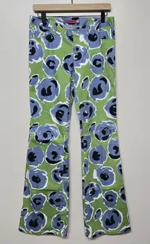 Alice + Olivia Green Blue Floral Pants Women's 8 Flare Leg Retro Mod Print USA